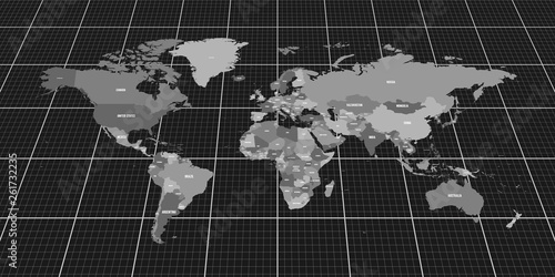 Geopolitical map of World. Bottom perspective view with background grid. Vector illustration