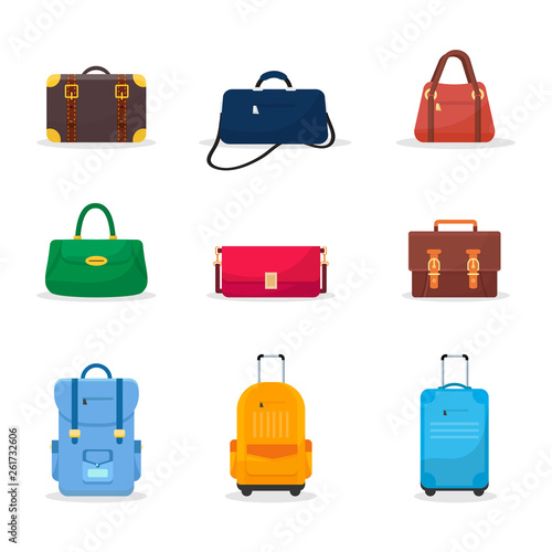 Bags and suitcases flat vector illustrations set