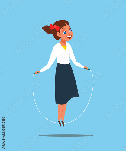 Schoolgirl skipping flat vector illustration