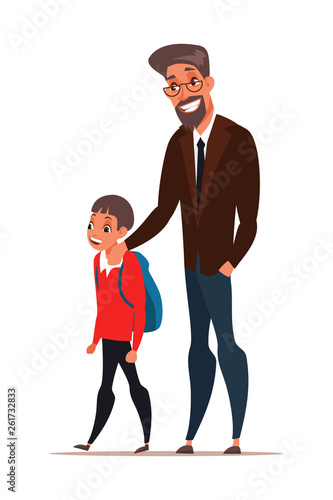 Dad taking son to school vector illustration