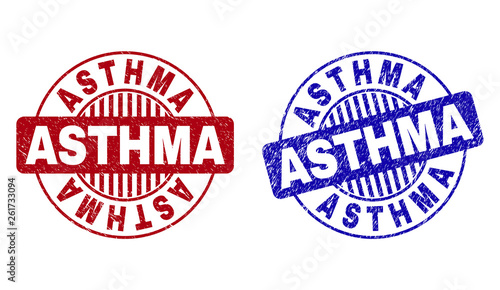 Grunge ASTHMA round stamp seals isolated on a white background. Round seals with distress texture in red and blue colors. Vector rubber watermark of ASTHMA text inside circle form with stripes.