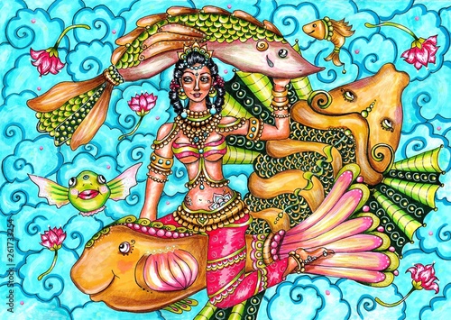 Indian traditional painting of woman in lake with fish, Kerala mural style with beautiful ornamental background