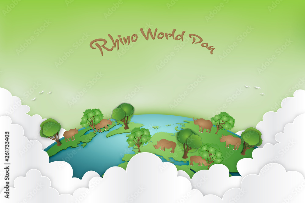 Rhinos on the green world as animal day, nature, living , paper art and craft style concept. vector illustration