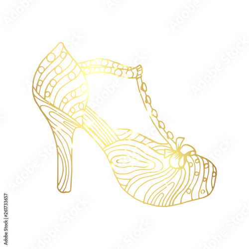 Lady hogh heels or woman T-strap, girl shoes. Golden female boot with doodle style pattern, women clothing ornamental accessory. Glamor and shopping art, hand drawn boutique theme for coloring book