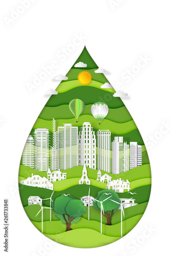 Paper art , cut and craft style of green eco urban city with nature cityscape background as Ecology design and environment conservation creative idea concept. Vector illustration.