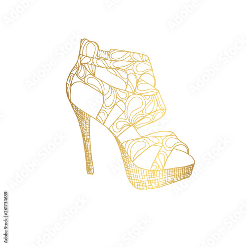 Lady hogh heels or woman T-strap, girl shoes. Golden female boot with doodle style pattern, women clothing ornamental accessory. Glamor and shopping art, hand drawn boutique theme for coloring book