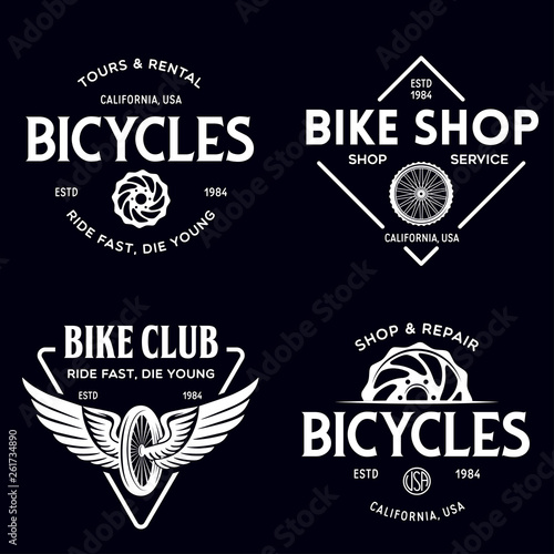 Set of vintage and modern bike shop logo badges and labels. Cycle wheel isolated vector. Old style bicycle shop and repair logotypes.