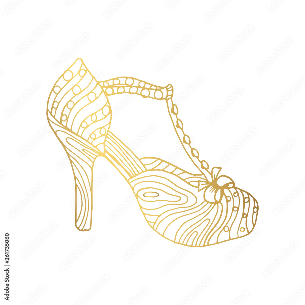 Lady hogh heels or woman T-strap, girl shoes. Golden female boot with doodle style pattern, women clothing ornamental accessory. Glamor and shopping art, hand drawn boutique theme for coloring book Lady hogh heels or woman T-strap, girl shoes. Golden female boot with doodle style pattern, women clothing ornamental accessory. Glamor and shopping art, hand drawn boutique theme for coloring book