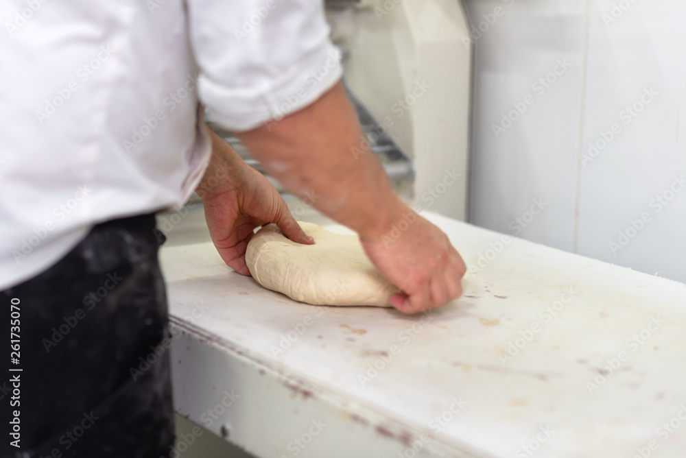 Baker kneading fresh raw bread dough at the bakery . Baker kneading fresh raw bread dough at the bakery .