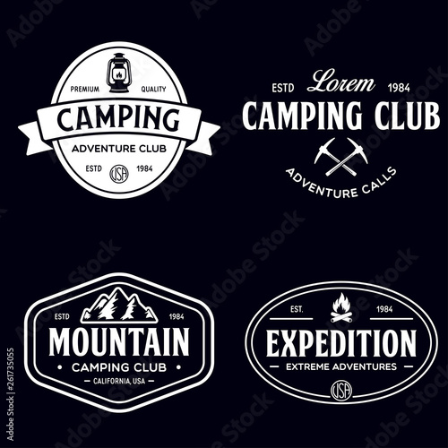 Summer camp with design elements. Camping and outdoor adventure emblems. Vintage typography design with mountain  lamp and campfire silhouette.
