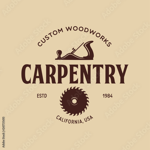 Woodwork badge. Logo for carpentry, woodworkers, lumberjack, sawmill service monochrome vector label, emblem, logo and design elements.