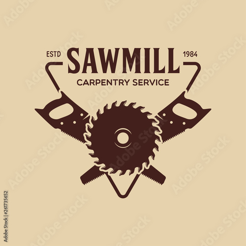 Woodwork badge. Logo for carpentry, woodworkers, lumberjack, sawmill service monochrome vector label, emblem, logo and design elements.