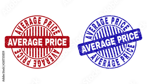 Grunge AVERAGE PRICE round stamp seals isolated on a white background. Round seals with grunge texture in red and blue colors.