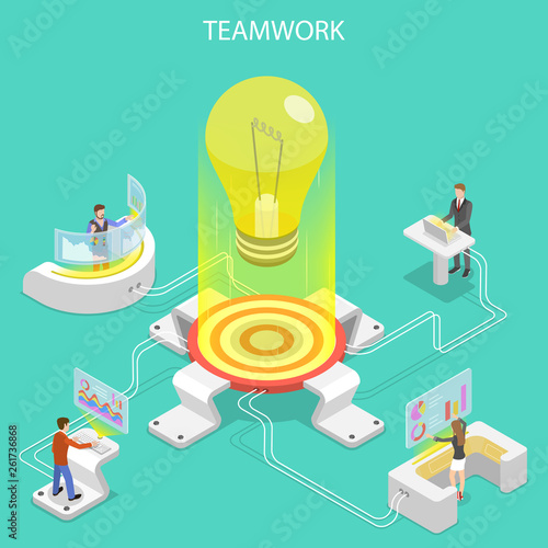 Flat isometric vector concept of effective teamwork, business team, brainstorm.