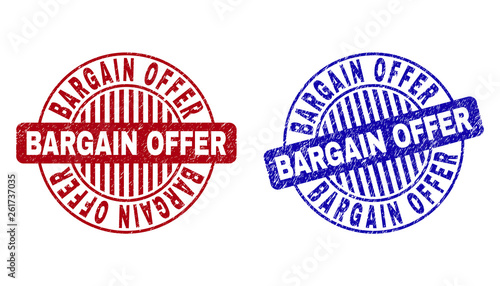 Grunge BARGAIN OFFER round stamp seals isolated on a white background. Round seals with grunge texture in red and blue colors.
