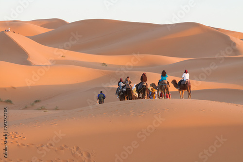 Morocco  Merzouga  Erg Chebbi Dunes  Tourists Riding Camels
