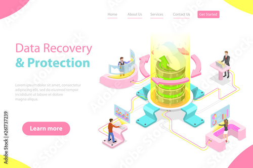 Isometric flat vector landing pate template of data recovery services, data backup and protection, hardware repair.