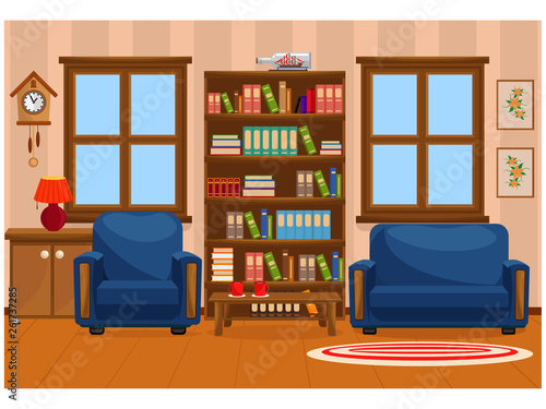 Vector illustration of a living room with an armchair, a bookcase, a bedside table and a window.
