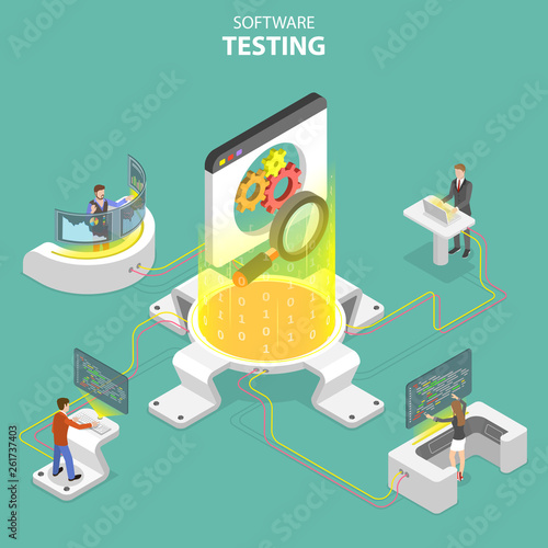 Isometric flat vector concept of software quality assurance, SQA, product testing and debugging, programming and coding.