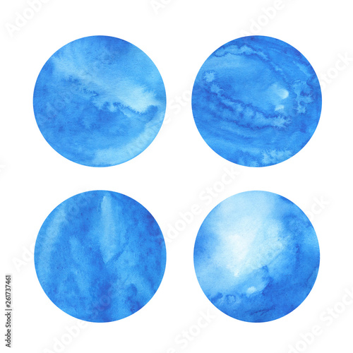 Set of big blue watercolor shapes isolated on white background. Hand drawn watercolor illustration.