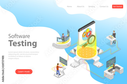 Isometric flat vector landing pate template of software quality assurance, SQA, product testing and debugging, programming and coding.