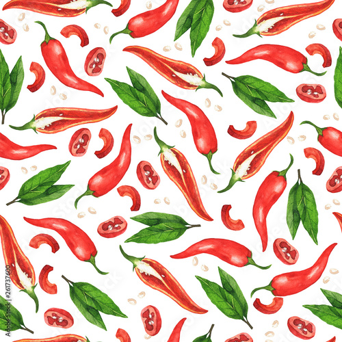Seamless pattern with fresh red chili peppers and fresh green leaves on white background. Hand drawn watercolor illustration. 