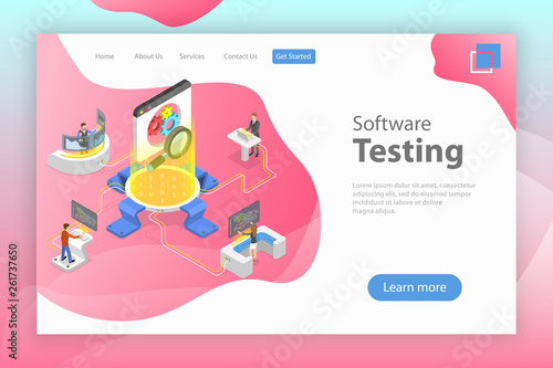 Isometric flat vector landing pate template of software quality assurance, SQA, product testing and debugging, programming and coding.