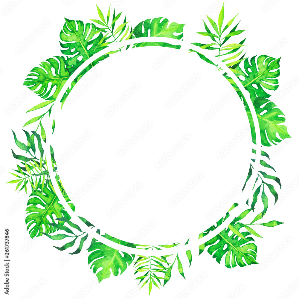 Tropical leaf round frame isolated on white background. Hand drawn watercolor illustration. 