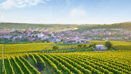 Amazing view over beautiful village Velke Pavlovice, Moravia, Czechia taken during sunrise on a summer morning. The small city surrounded by vineyards is partly hidden in the morning fog.