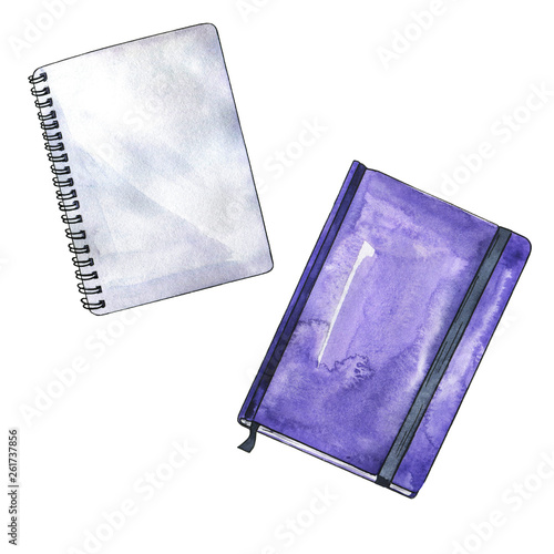 Set of empty notebook and lilac book isolated on white background. Hand drawn watercolor and ink illustration.
