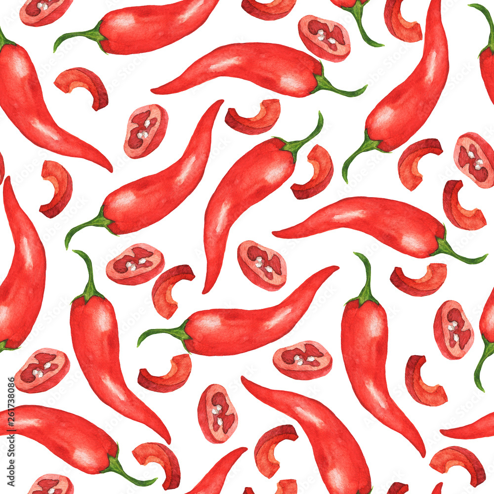 Seamless pattern with fresh red chili peppers on white background. Hand drawn watercolor illustration. Seamless pattern with fresh red chili peppers on white background. Hand drawn watercolor illustration.