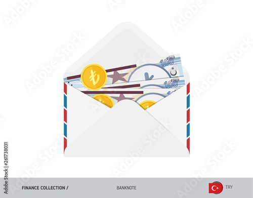 100 Turkish Lira Banknote. Flat style opened envelope with cash. Turkish Lira banknotes and coins. Salary payout or corruption concept.