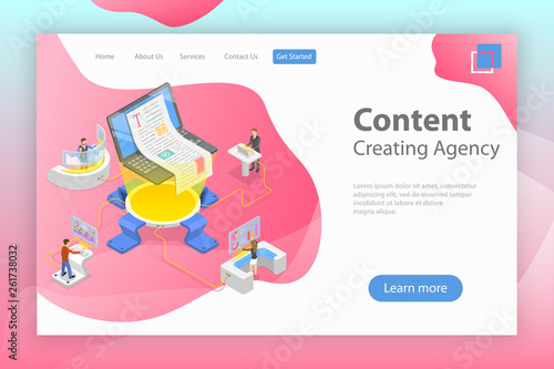 Flat isometric vector landing pate template of content creating, copywriting, creative writing, content marketing.