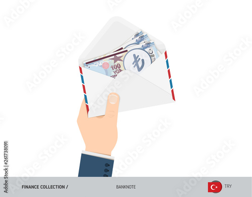100 Turkish Lira Banknotes in envelope hold in hand. Flat style opened white envelope with cash. Salary payout or corruption concept.
