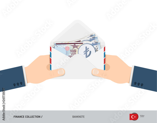100 Turkish Lira Banknotes in envelope hold in hand. Flat style opened white envelope with cash. Salary payout or corruption concept.