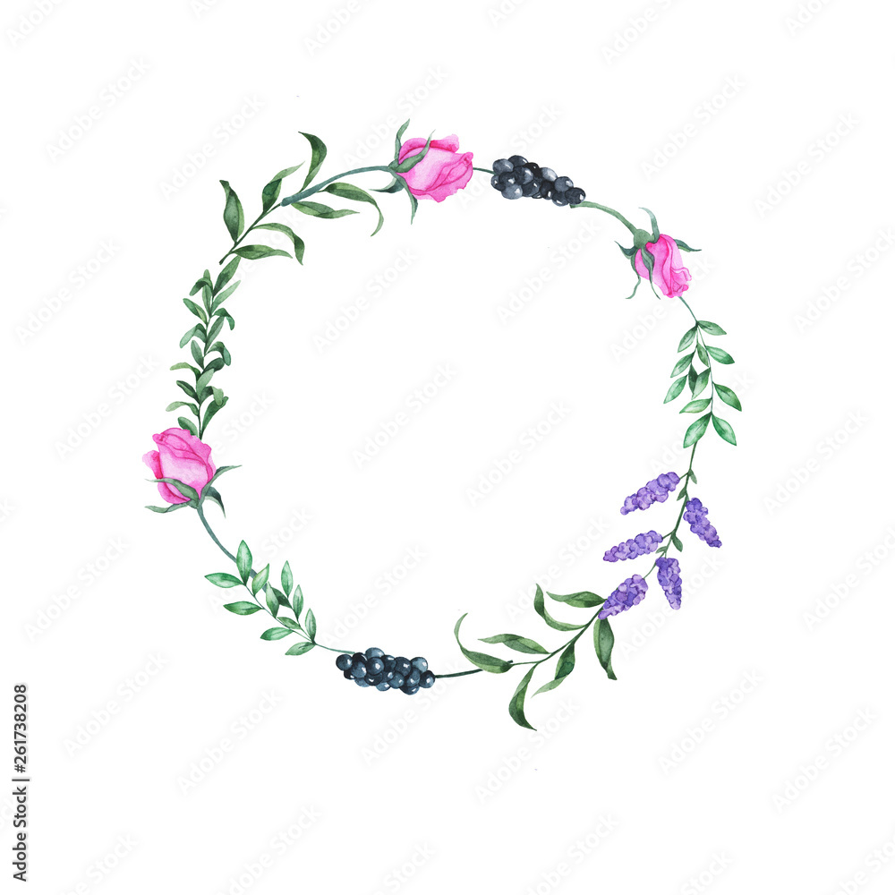Garden flowers and green leaves decorative frame isolated ob white background. Hand drawn watercolor illustration.