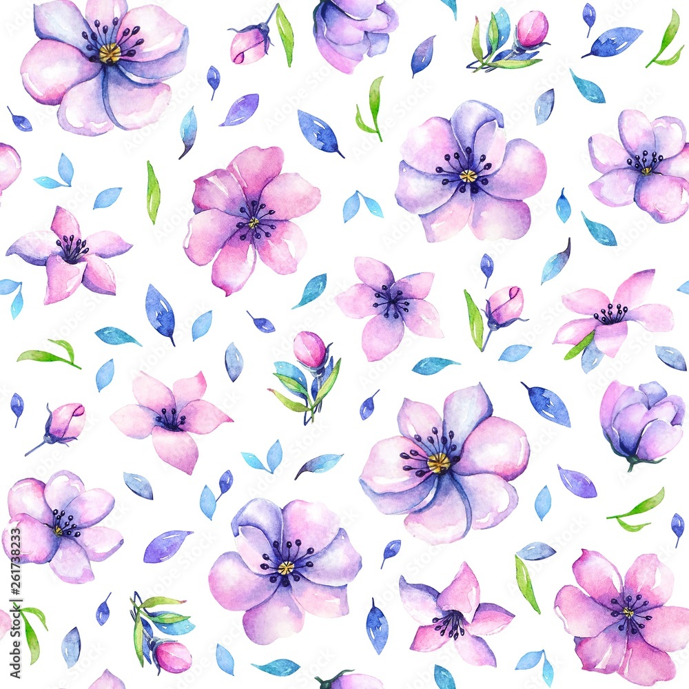Seamless pattern with watercolor purple flowers and blue leaves on white background.