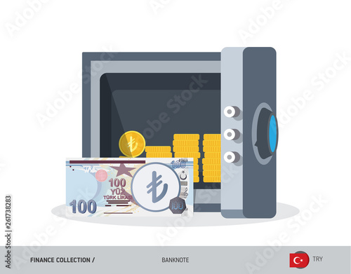 Office safe with 100 Turkish Lira Banknote. Flat style vector illustration. Safe money concept.