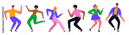 Group of young happy dancing people or male and female dancers isolated on white background. Vector illustration flat design. Use in Web Project and Applications.