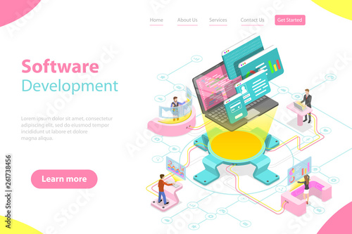 Flat isometric vector landing page template of software development, teamwork, brainstorm, coding.
