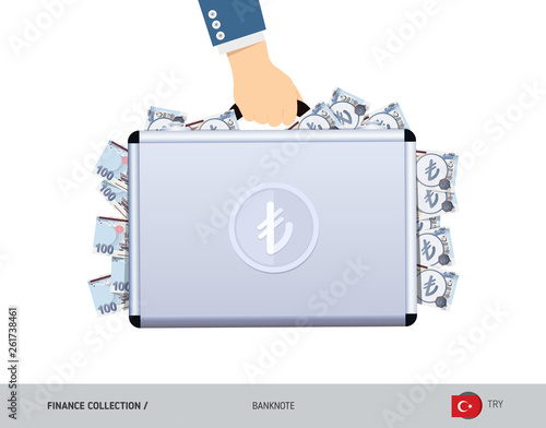 Hand holds a metal case with 100 Turkish Lira Banknotes. Flat style vector illustration. Salary payout or corruption concept.