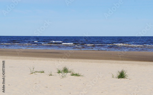 Baltic sandy seacoast and blue sky.