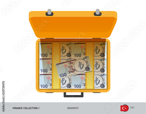 Yellow case with 100 Turkish Lira Banknotes. Flat style vector illustration. Salary payout or corruption concept.