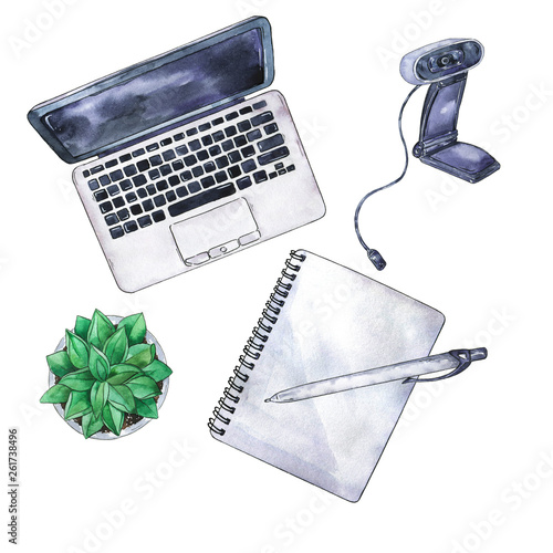 Top view of working place: laptop, notebook, pen, camera, cactus. Hand drawn watercolor and ink illustration.