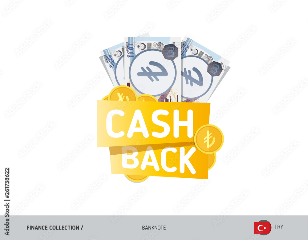 Cash back banner with 100 Turkish Lira Banknotes and coins. Flat style vector illustration. Shopping and sales concept. Cash back banner with 100 Turkish Lira Banknotes and coins. Flat style vector illustration. Shopping and sales concept.