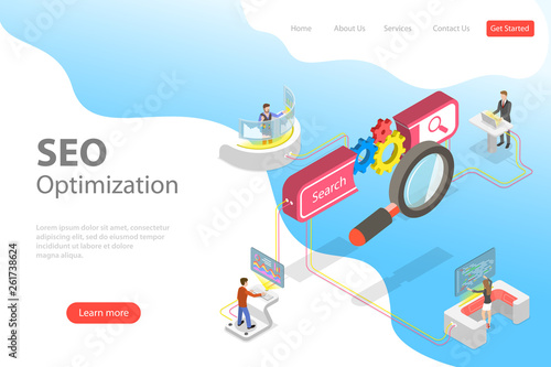 Flat isometric vector landing page template of search engine ranking, web analytics, SEO, website optimization marketing.