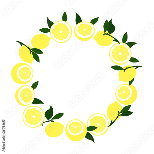 Lemon frame with leaves on white background. Vector illustration.