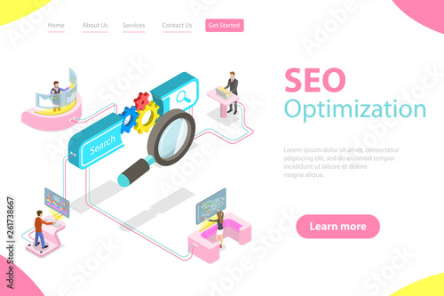 Flat isometric vector landing page template of search engine ranking, web analytics, SEO, website optimization marketing.