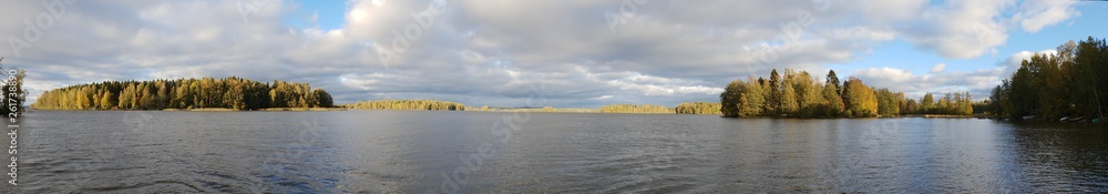 Panorama image of finnish landscape with lake and forrest