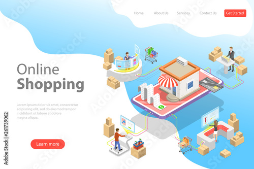 Flat isometric vector landing page template of easy shopping, e-commerce, online store, mobile payment, fast delivery.